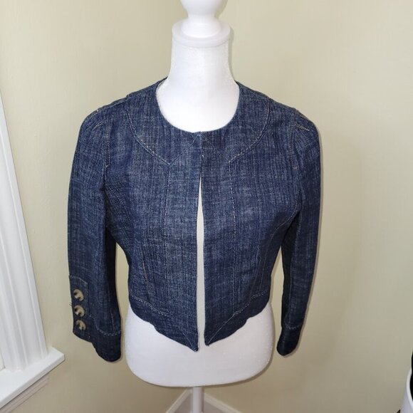 Ann Taylor Loft Denim Cover Jacket Open Front Dark Wash Cropped Women's Size 2 - Picture 1 of 9